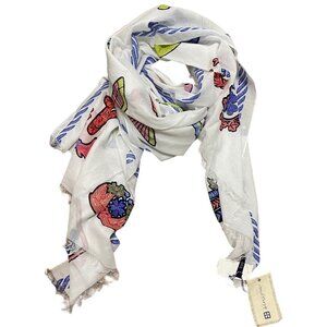 INOUITOOSH Cotton Scarf White Embroidered Red Blue Yellow Symbols New 75” X 39”
